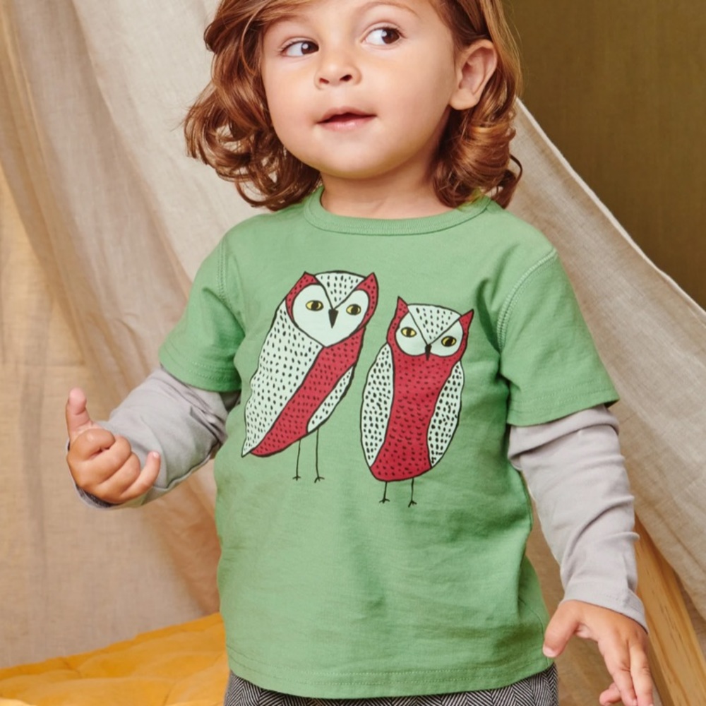 TEA COLLECTION Owl Friends Baby Graphic Layered Tee Short Long Sleeve Green Grey